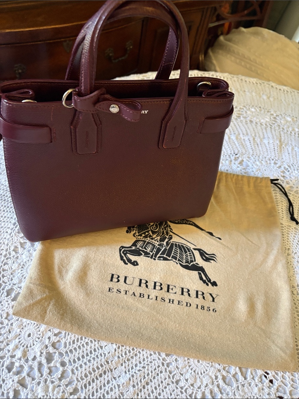 Burberry Pebbled Leather Satchel in Burgundy. No strap. Dust bag included.